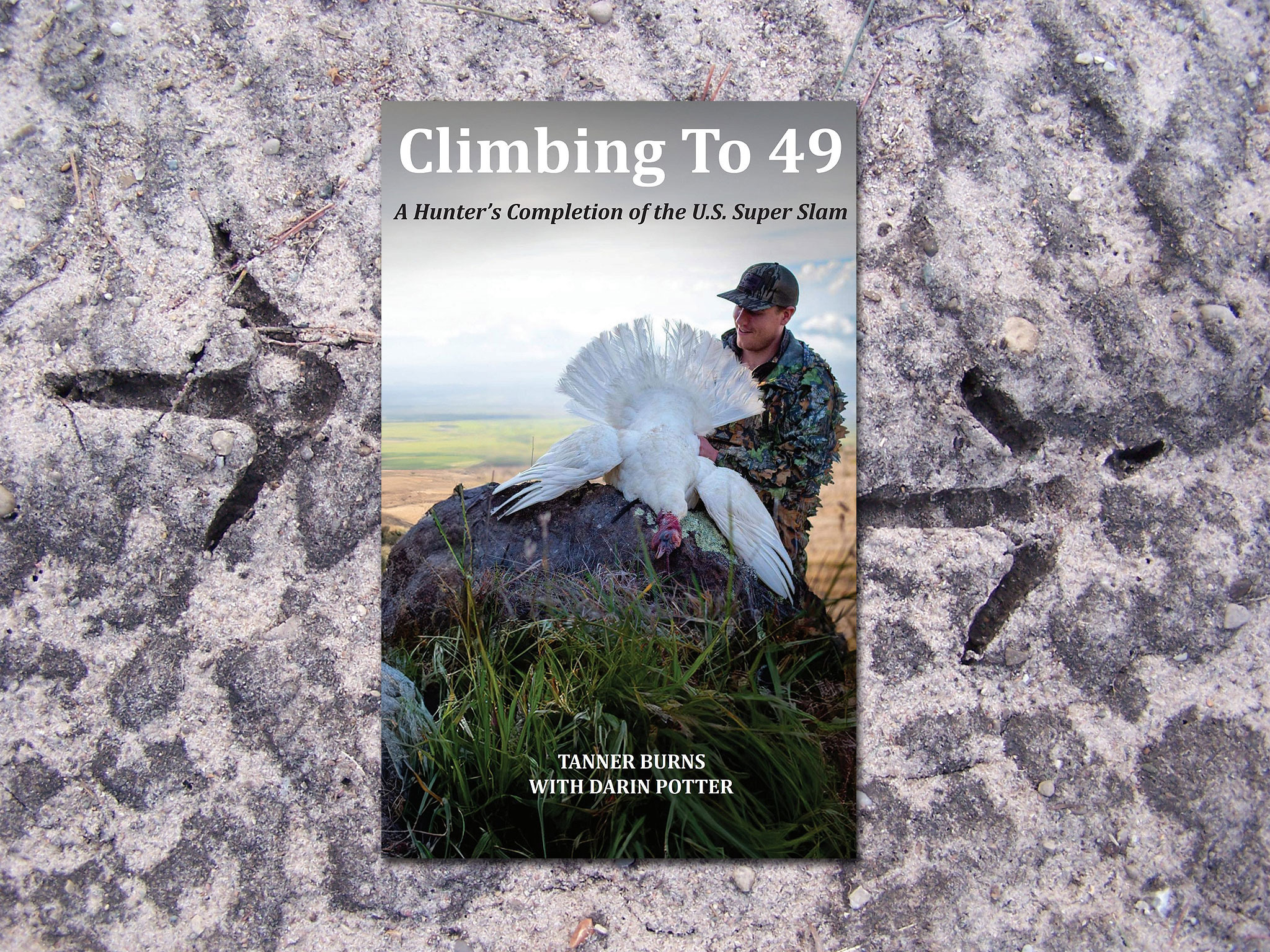 Turkey tracks background with Climbing to 49 book cover overlay